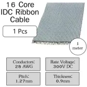 1Pcs 28 AWG 16 Core IDC Ribbon Cable 300V DC 1.27mm Pitch 0.9mm Thickness 1Meter