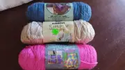 CARON YARN - "SIMPLY SOFT" Three skeins - BLUE _ PINK _ BEIGE