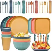 48pcs Wheat Straw Dinnerware Serving Set, Unbreakable Tableware Plates Microwave and Dishwasher Safe, Plates Bowls Cups Sets Colorful Lightweight for BBQ, Picnic, Party, Camping
