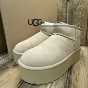 UGG CLASSIC ULTRA MINI PLATFORM BOOT WOMENS US 7 SUEDE / WOOL ~ SAND