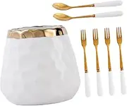 COLLBATH 1 Set Cutlery Set Espresso Coffee Cups Mini Ceramic Cup Mini Forks White and Gold Jars White Outfit Stainless Steel Spoon Metal Fork Salad Ceramics Storage Tank Tableware