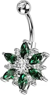 [Pierced Owl] 14GA 316L Stainless Steel CZ Crystal Flower with Marquise Petals Belly Button Ring