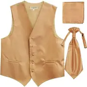 New Men's Horizontal Stripes Tuxedo Vest Waistcoat & Ascot & Hankie Set Beige