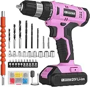 FADAKWALT Cordless Drill Set, 20V Electric Power Drill with Battery And Charger, Torque 30N, 21+1 Torque Setting, 3/8-Inch Keyless Chuck, Drill Driver Bits Kit, with LED Electric Drill Set. （Pink)