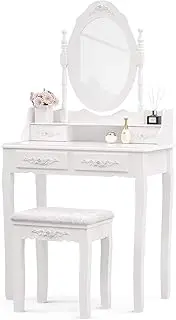 Mecor Vanity Table Set,Makeup Table with Oval Mirror & Stool, Bedroom Wood Dressing Table with 4 Drawers White