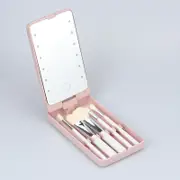 Pink LED Lighted Makeup Mirror with 5-Piece Cosmetic Brush Set and Dustproof Storage Case