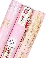 WRAPAHOLIC Christmas Wrapping Paper Roll - Mini Roll - 3 Rolls - 17 Inch X 120 Inch Per Roll - Pink and Gold House, Christmas tree, Snowflake Holiday Collection with Metallic Foil Shine