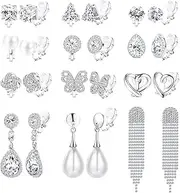 [Kakonia] 12 Pairs Clip On Earrings For Women Girls Non Pierced Cubic Zirconia Pearl Crystal Rhinestone Silver Gold Stud Dangle Fashion Clip Earring Set
