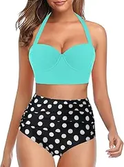 [Generic] Plus Size Swim for Women Halter Ruched Front Vintage Printing Waist Tops+Shorts Women Retro Wrap Crop Piece Halter Two Tow Swimwear Two Piece High Swimsuit Piece Swim Shorts and Top for Women