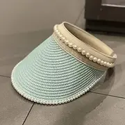 [LAYBAY] Women Sun Visor Hat Simple Straw Braided Pearl Empty Cap Hat, Women's Spring and Summer Fashion All-Match Sunshade Capless Headband, 56~58cm (Color : Matcha Green)