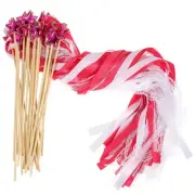 24pcs Ribbon Lace Fairy Wand Silk Stick Streamer with Bell, Rose Red White