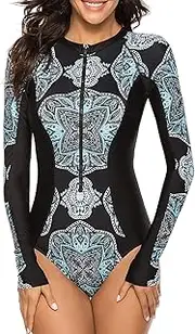 [American Trends] Womens Long Sleeve Rash Guard UV Protection Zipper Floral Printed Surfing One Piece Swimsuit Bathing Suit Black M