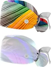 [YTYVAGT] 2-Pc,Nurse Scrub Caps,Scrub Hats with Buttons and Cotton Sweatband,Abstract Rainbow Colorful Pattern