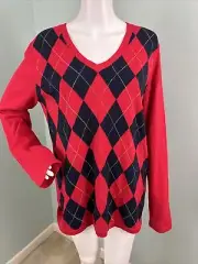 NWT Women's Tommy Hilfiger Red Argyle V-Neck Sweater Sz L Large