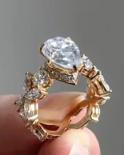 Pear Cut 2.3CT Moissanite Hidden Halo Unique Bridal Wedding Ring 10K Yellow Gold