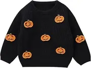 [Xeadoffubio] Baby Unisex Halloween Pullover Long Sleeve Crew Neck Pumpkin Letter Embroidery Knitted Jumper Baby Halloween Sweatshirt Halloween Ghost Pumpkin Knitted Jumper