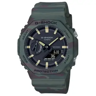 【CASIO 卡西歐】G-SHOCK 野外探險都會時尚八角形雙顯錶-迷彩(GAE-2100WE-3A 附替換式錶殼錶帶 農家橡樹)