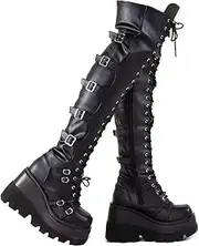 [Gothniero] Black Platform Boots Over Knee Thigh High Goth Boots for Women Chunky Heel Rave Motorcycle Boots with Buckles Side Zip Lace Boots Size5.5-10
