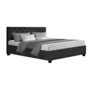 Queen Size Modern Bed Frame Upholstered Fabric Gas Lift Storage Tufted Headboard