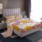 Groovy Flower Sheets with Deep Pocket Fitted Sheet 60S 70S 80S Hippie Flowers Pink Purple Yellow Sheet Set Retro Floral Boho Bed Sheets Set for Kids Microfiber Bedding Set Room Decor Queen Size