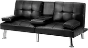 OIKITURE 3-Seater Sofa Bed, Futon Beds with Adjustable Backrest and Detachable Armrest, Convertible Sofa Couch with Cup Holder for Home Living Room, Bedroom, Leather Sofa Lounge Couch, Black