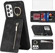 Asuwish Phone Case for Samsung Galaxy A52/A52S 5G Wallet Cover with Screen Protector and Cell Accessories Zipper RFID Card Holder Slot Ring Kickstand Flip A 52 S 4G G5 52A S52 52S SM Women Men Black