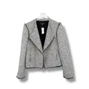 Ann Taylor blazer 12 tweed fringe trim cropped open front black white office NEW