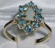 Solid 14k Yellow Gold Natural Opal & Blue Topaz Womens Cluster Ring