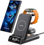 [SwanScout] 3 in 1 Wireless Charging Station for Samsung S25, Foldable Charger Dock for Galaxy Watch Ultra/7/6/5/4/FE, Galaxy S25/S24/Note20/Z Fold, Buds Pro/3/2, Model 703S (No Adapter) (Black)
