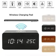 Modern Wooden Digital LED Desk Table Alarm Clock Thermometer w/ Wireless Charger