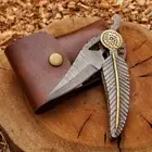 Handmade Damascus Leaf Folding Knife Damascus Hunting Knives with Sheath Damascu