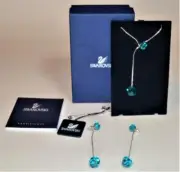 NIB SWAROVSKI Meteorite Dangle Aquamarine Zircon Set Pierced Earr Chain #891625
