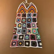 Boohoo Womens Size Small Colorful Patchwork Crochet Halter Neck Mini Dress NWT