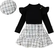 [SXYPAYXS] Toddler Girls Fall Outfit Elegant Long Sleeve Crew Neck T-shirt with Plaid Skirt and Hat Girl Outfit
