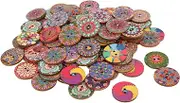 100Pcs Wooden Buttons Disc 25Mm European Retro European Style Printing Flower Timber Substitute Lumber Antique Buttons