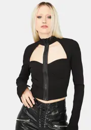 Noir Spy Lover Mock Neck Zip Up Crop Top