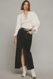 NWT ANTHROPOLOGIE Sz 6 THE MADI FRONT SLIT CORDUROY SKIRT X PILCRO BLACK