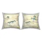 Neutral Beige Sandpipers Sandy Shoreline Beach Outdoor Printed Pillow, 18 x 18