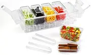 Condiment Server Caddy with 5 Compartments,Detachable Condiment Tray with Separate Lids,Ice Chilled Condiment Caddy for Parties,with 2 Side Bins,Tongs, Spoons, Forks