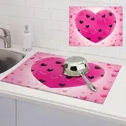 Pink Love Heart Dish Drying Mats for Kitchen Counter, Absorbent Microfiber Kitchen Dishes Drainer Mat Large Dish Drying Pad with Hook Coffee Mat Kitchen Accessories 18x24 Inch