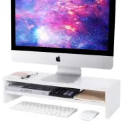 BEYGORM Monitor Stand Riser White, 21.6 inch 2 Tiers Wood Desk Shelf Computer...