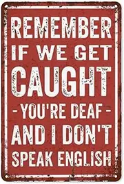 Vintage Metal Signs - Boho Wall Art Decor Funny Garage Man Cave Decoration for Hilarious Men - 8x12 Inch Home Office & Bar - Remember, If We Get Caught You're Deaf And I Don't Speak English Design