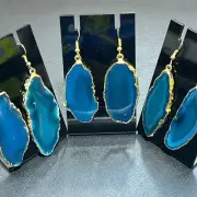 Teal Agate Slice Earrings (Gold Plated Edges)(Stainless Hooks) Geode Slice