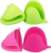 2 Pairs Mini Oven Gloves Silicone Heat Resistant Cooking Pinch Mitts Potholder for Kitchen Cooking & Baking (Green and Rose Red)