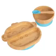 3pc Tiny Dining Blue Bamboo Monkey Baby Feeding Set with Suction Cup