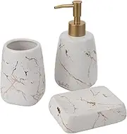 Amosfun Elegant 3pc Bathroom Accessory Set Soap Dispenser Toothbrush Holder Lotion Bottle White Marble Finish