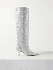 [ALEXANDER WANG] ALEXANDER WANG - Viola Glittered Leather Knee Boots - Silver - IT38 IT 38 Silver