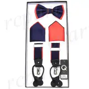 New in box Men's Convertible Elastic Strap Suspender_Bowtie Hankie navy blue red