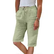 Women Shorts Elastic Waistband Adjustable Drawstring Casual Pants with Pockets Solid Color Loose Fit Knee-length Pants light green M