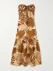 [Farm Rio] Farm Rio - Tasseled Shirred Printed Linen Halterneck Maxi Dress - Cream - small small Cream